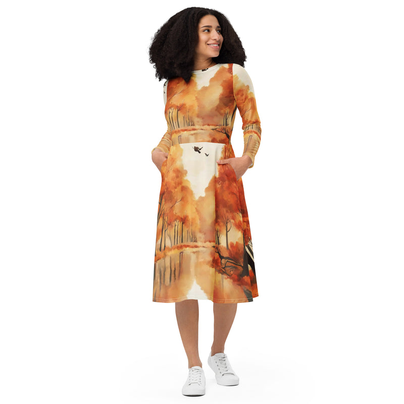 All-over print long sleeve midi dress - WhatUWant2Buy