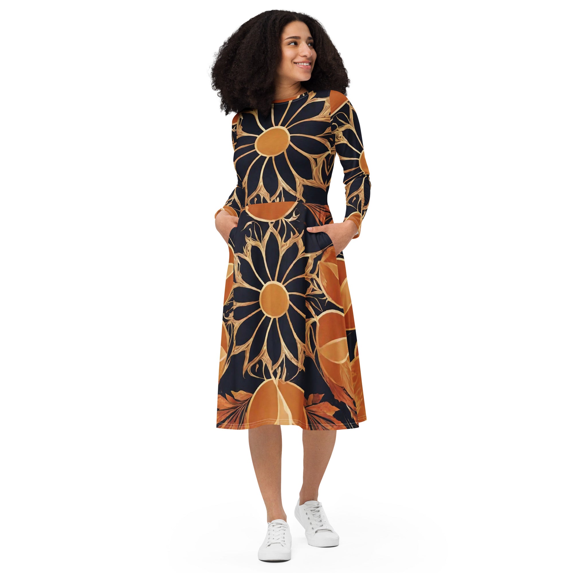 All-over print long sleeve midi dress - WhatUWant2Buy