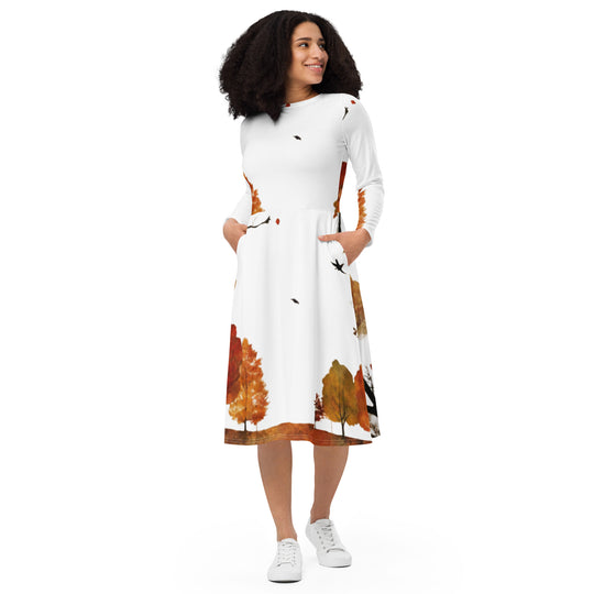 All-over print long sleeve midi dress - WhatUWant2Buy