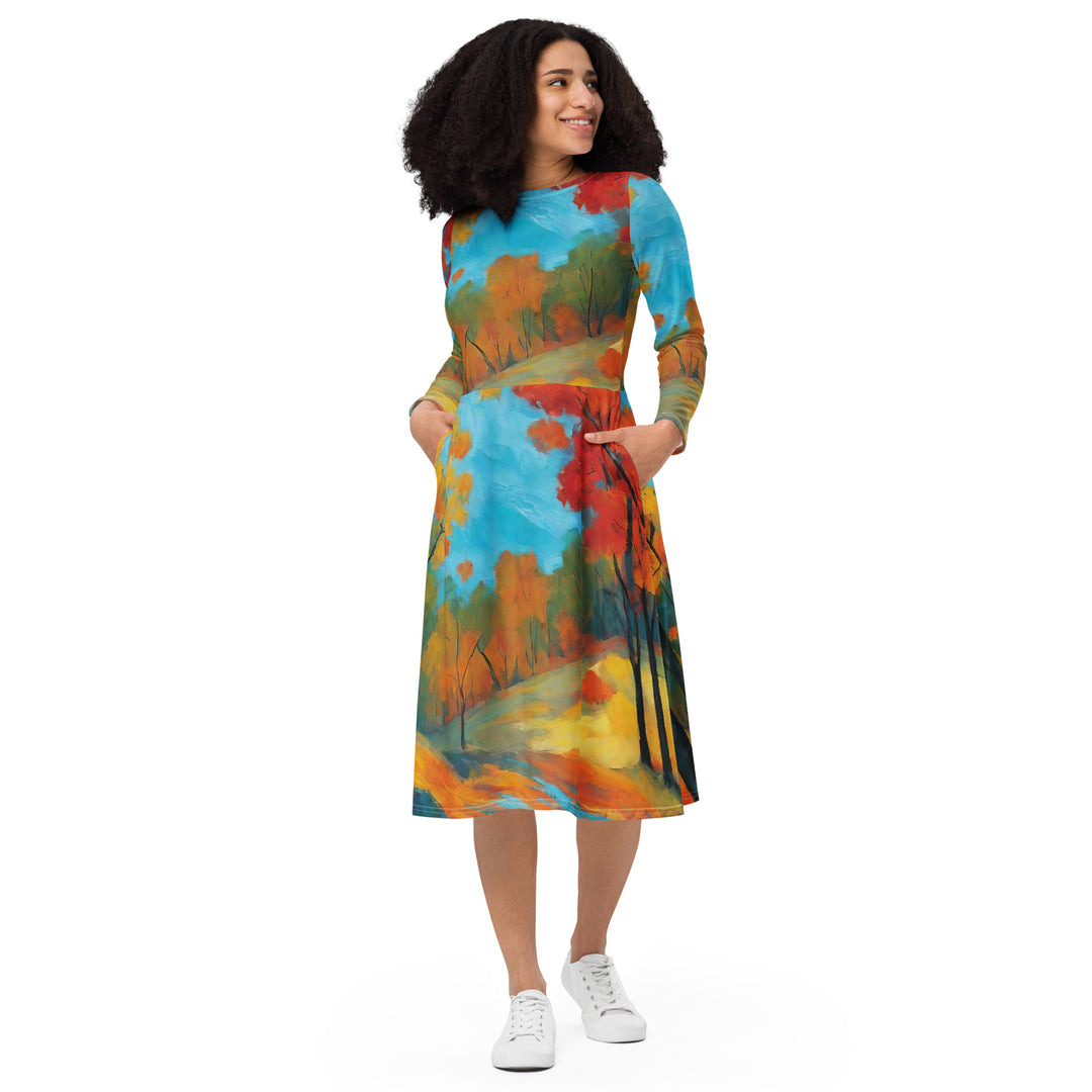 All-over print long sleeve midi dress - WhatUWant2Buy
