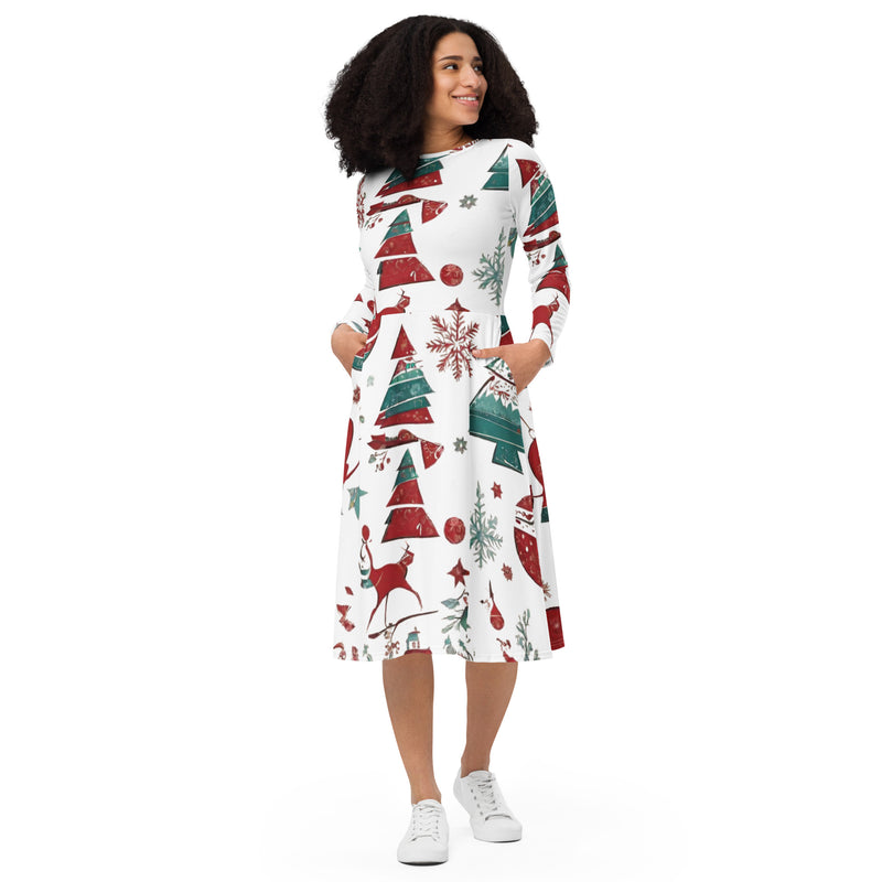 All-over print long sleeve midi dress - WhatUWant2Buy