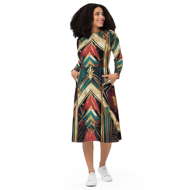All-over print long sleeve midi dress - WhatUWant2Buy