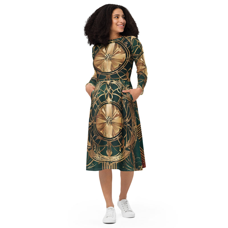 All-over print long sleeve midi dress - WhatUWant2Buy
