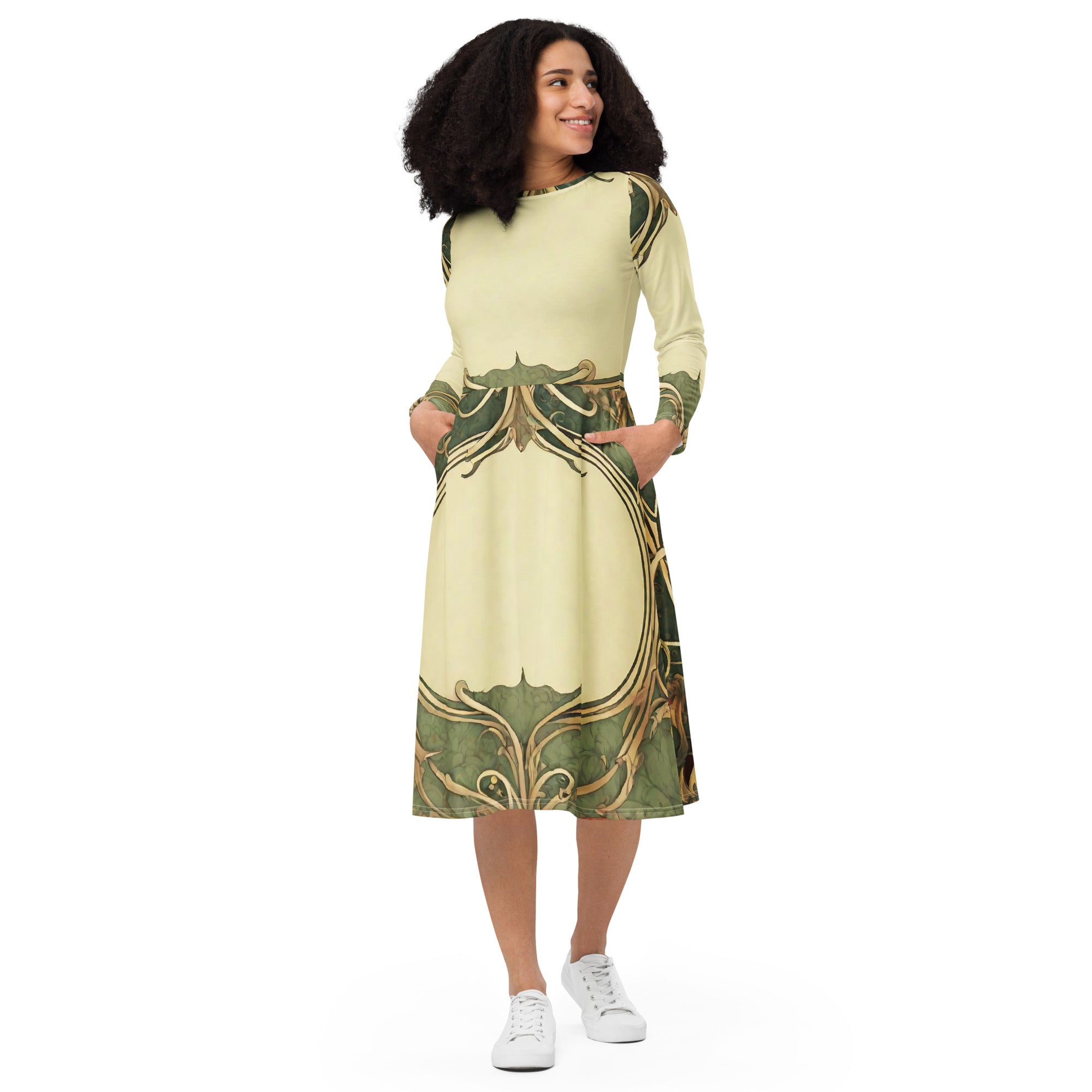 All-over print long sleeve midi dress - WhatUWant2Buy
