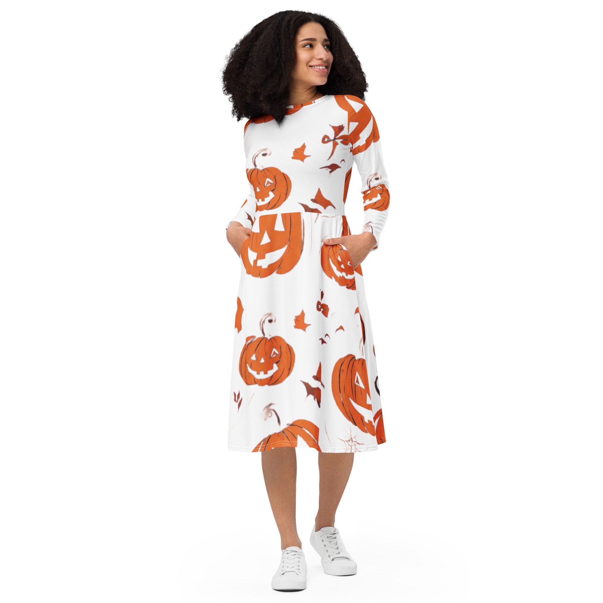 All-over print long sleeve midi dress - WhatUWant2Buy