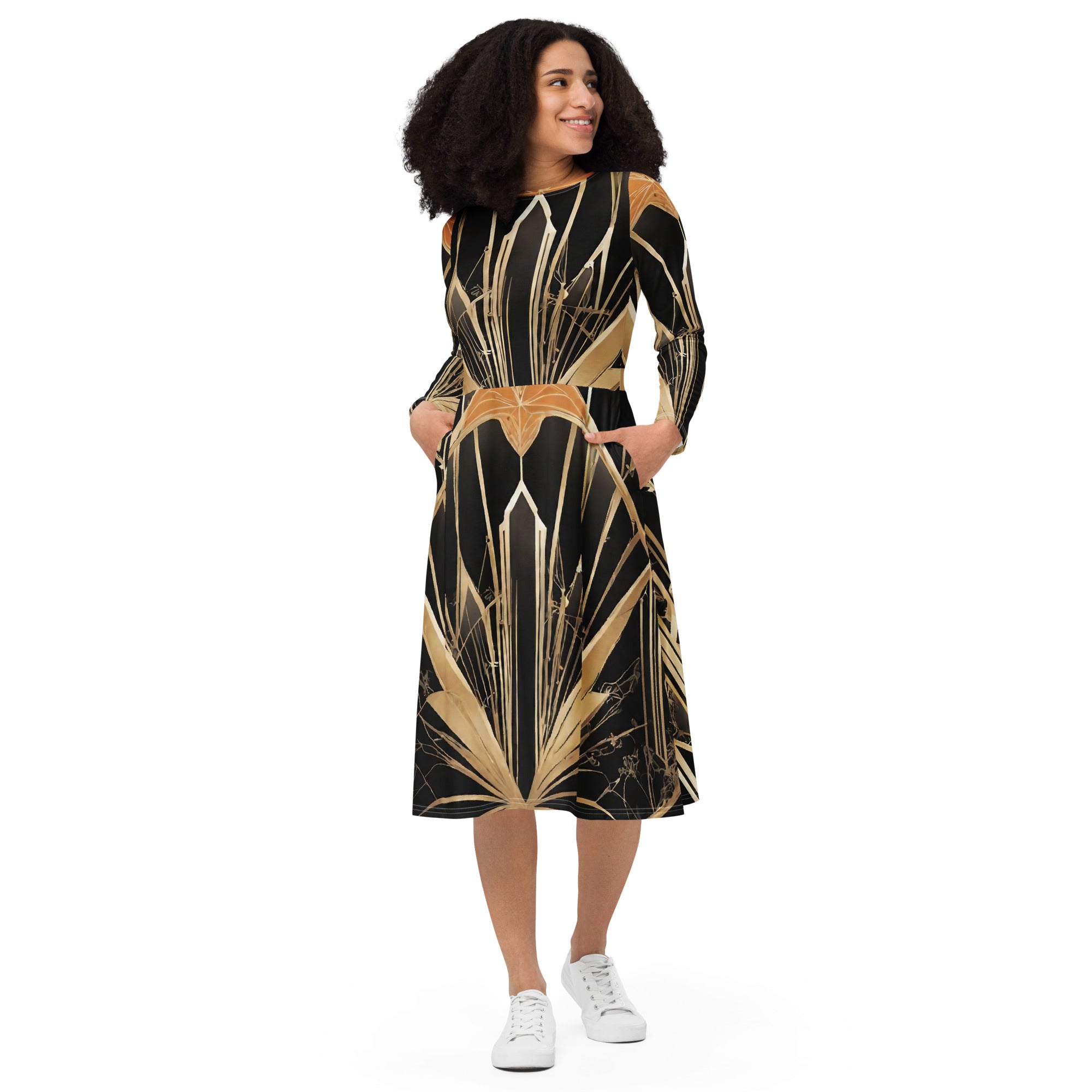 All-over print long sleeve midi dress - WhatUWant2Buy