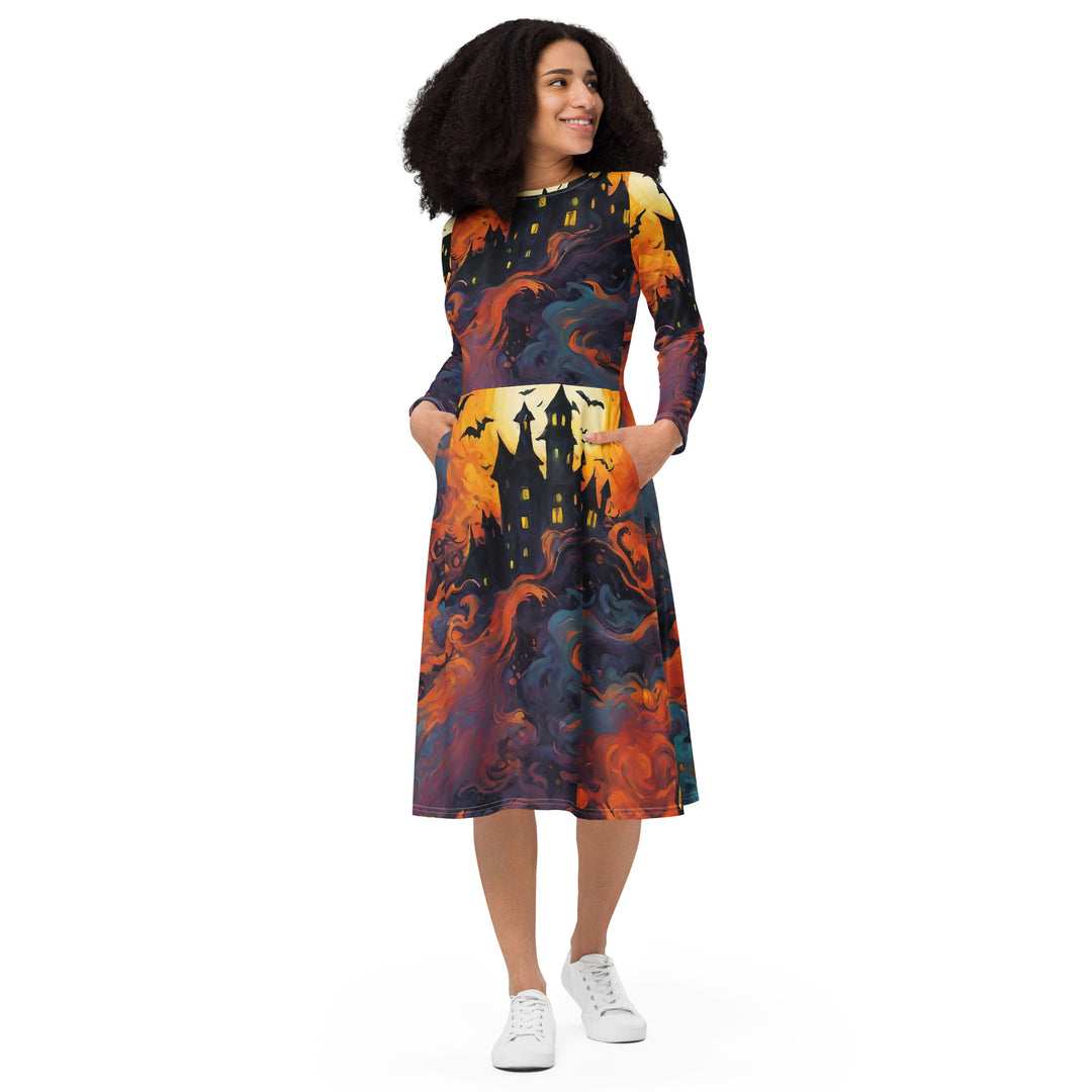 All-over print long sleeve midi dress - WhatUWant2Buy