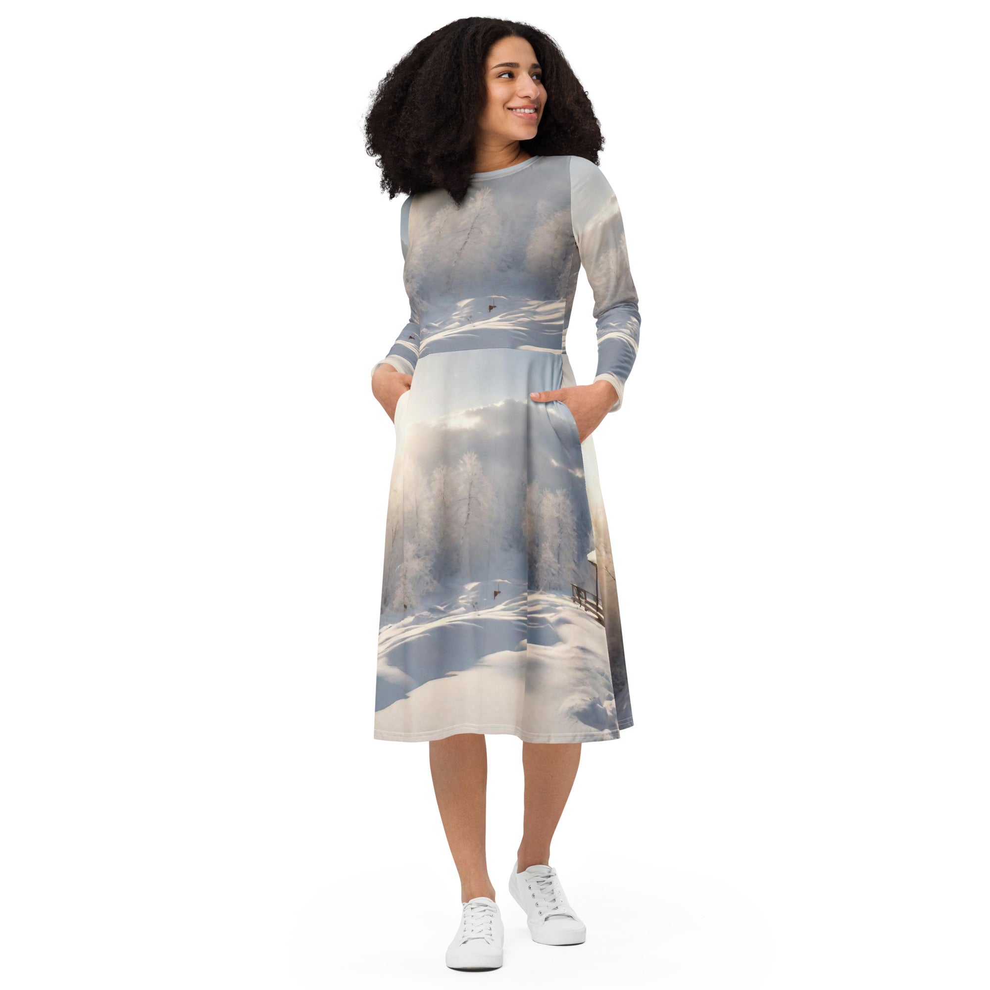 All-over print long sleeve midi dress - WhatUWant2Buy