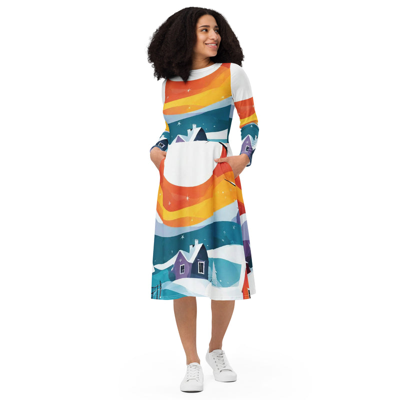 All-over print long sleeve midi dress - WhatUWant2Buy