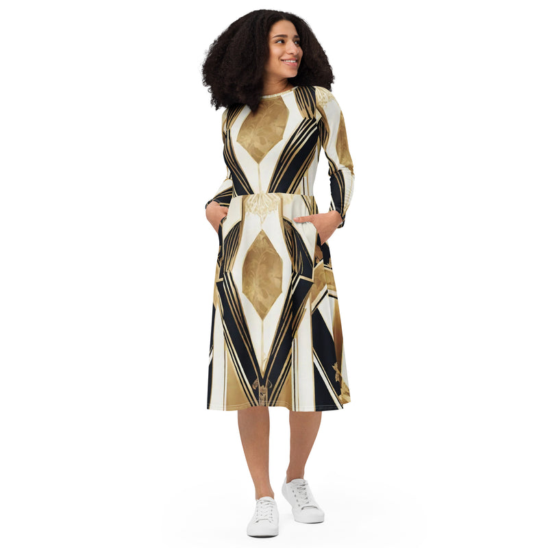 All-over print long sleeve midi dress - WhatUWant2Buy