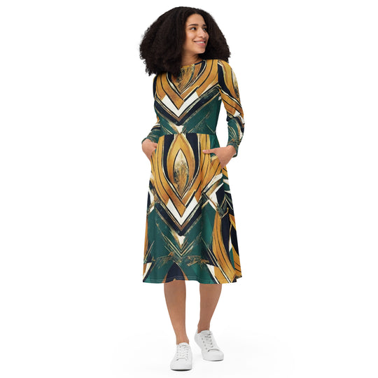 All-over print long sleeve midi dress - WhatUWant2Buy