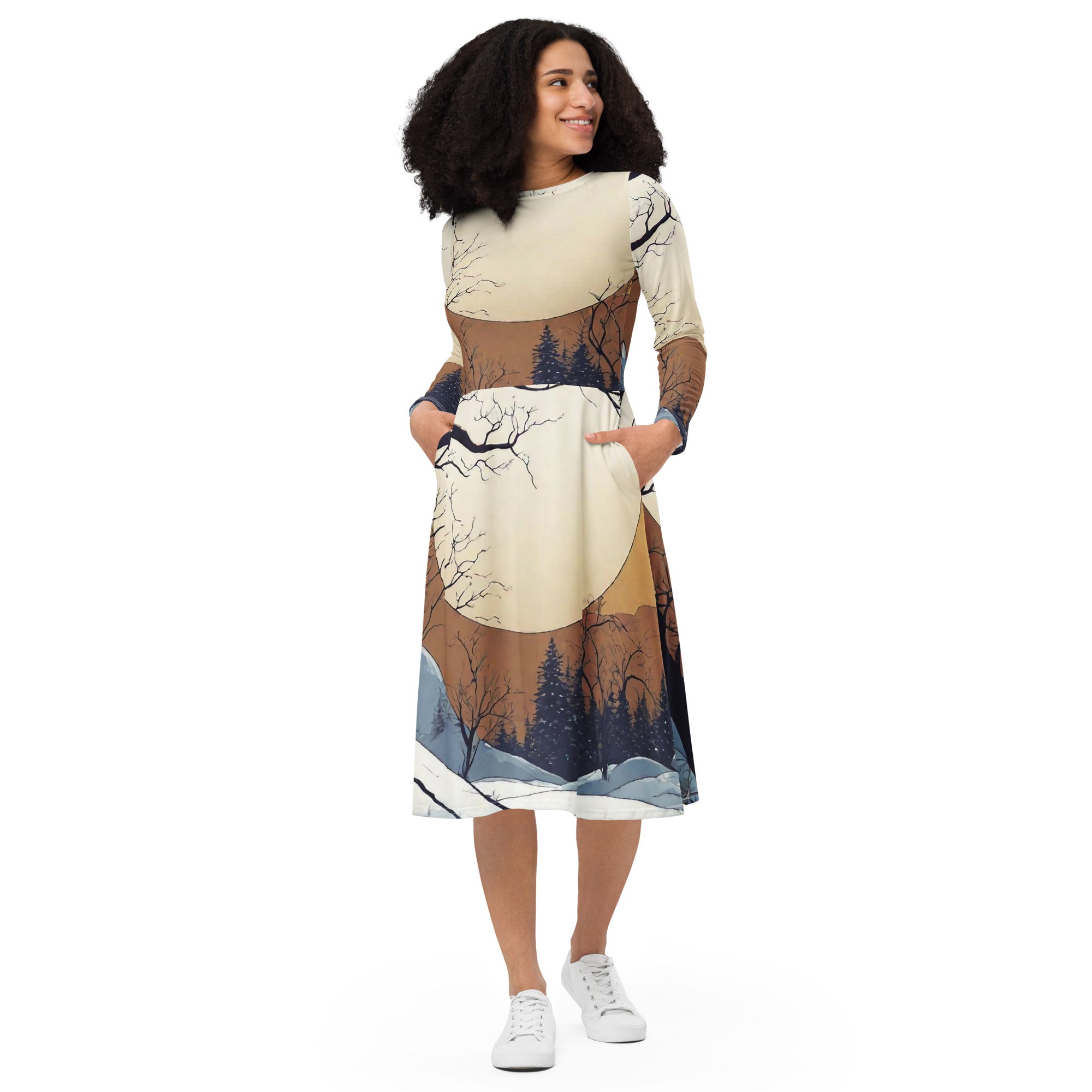 All-over print long sleeve midi dress - WhatUWant2Buy