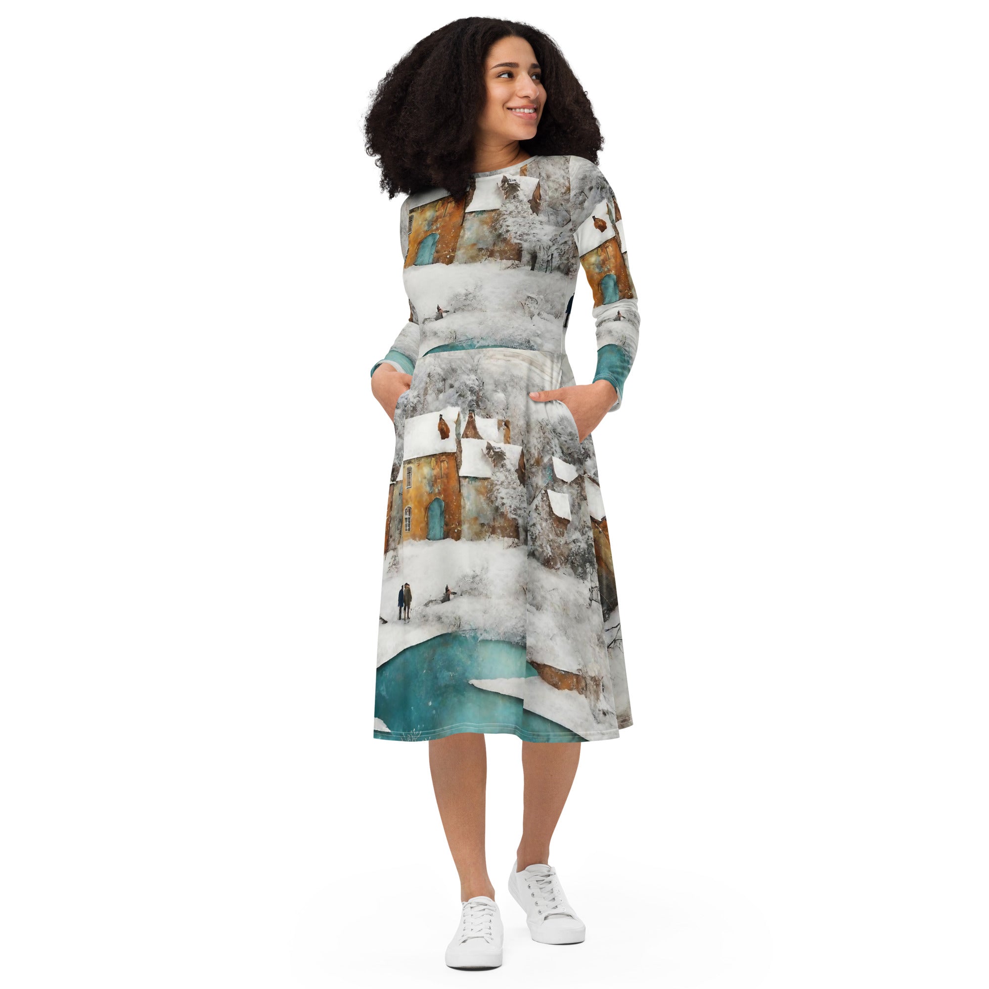 All-over print long sleeve midi dress - WhatUWant2Buy