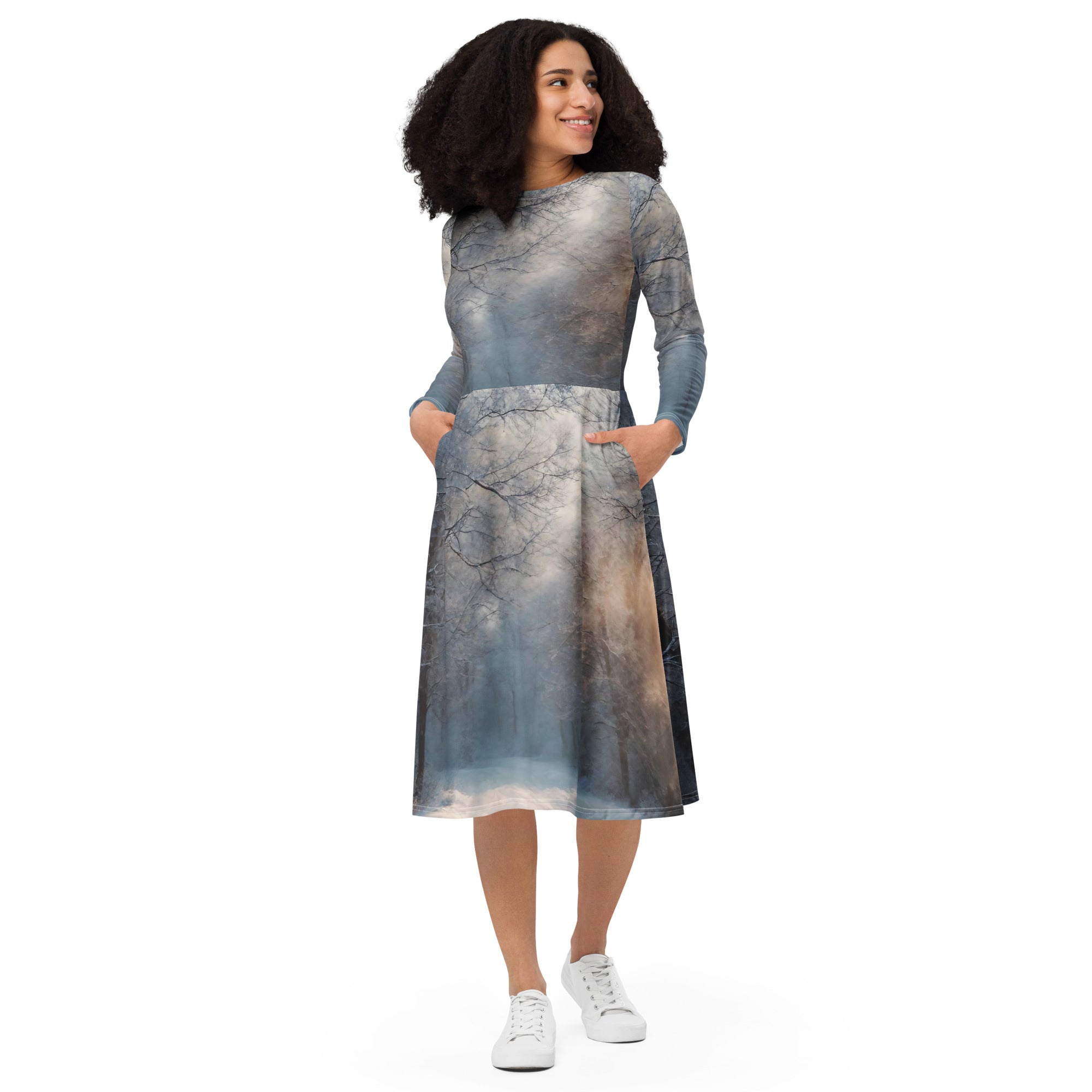 All-over print long sleeve midi dress - WhatUWant2Buy