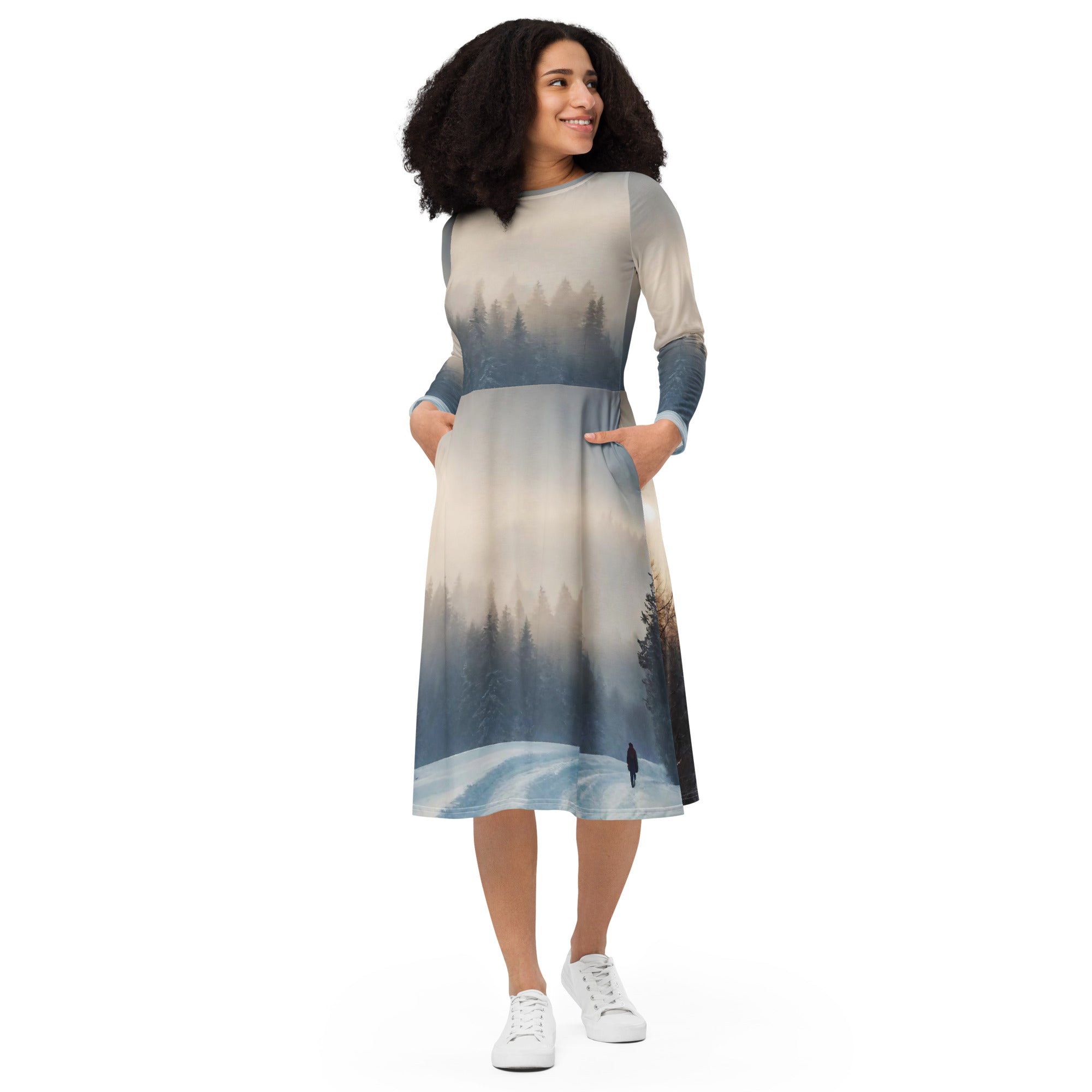 All-over print long sleeve midi dress - WhatUWant2Buy