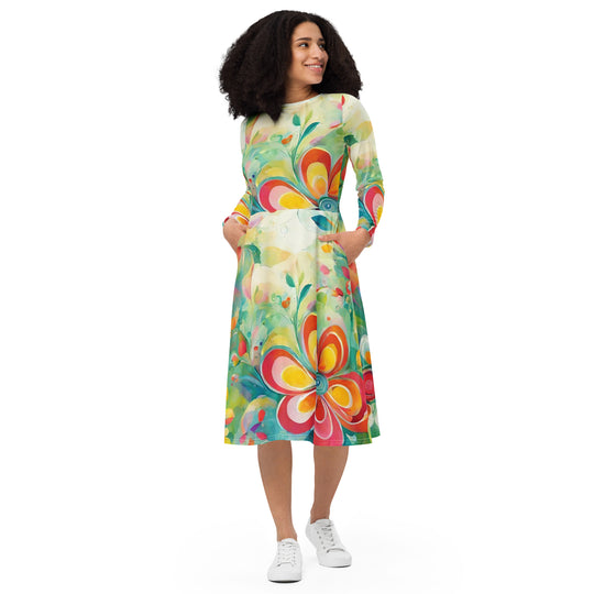 All-over print long sleeve midi dress - WhatUWant2Buy
