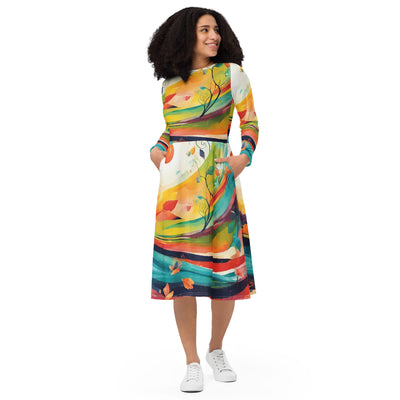 All-over print long sleeve midi dress - WhatUWant2Buy