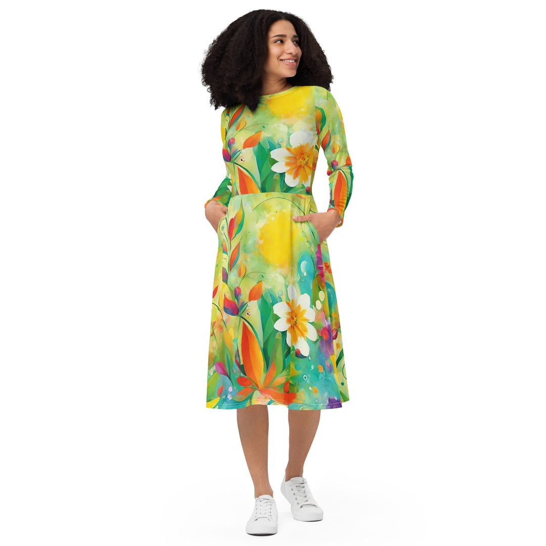 All-over print long sleeve midi dress - WhatUWant2Buy