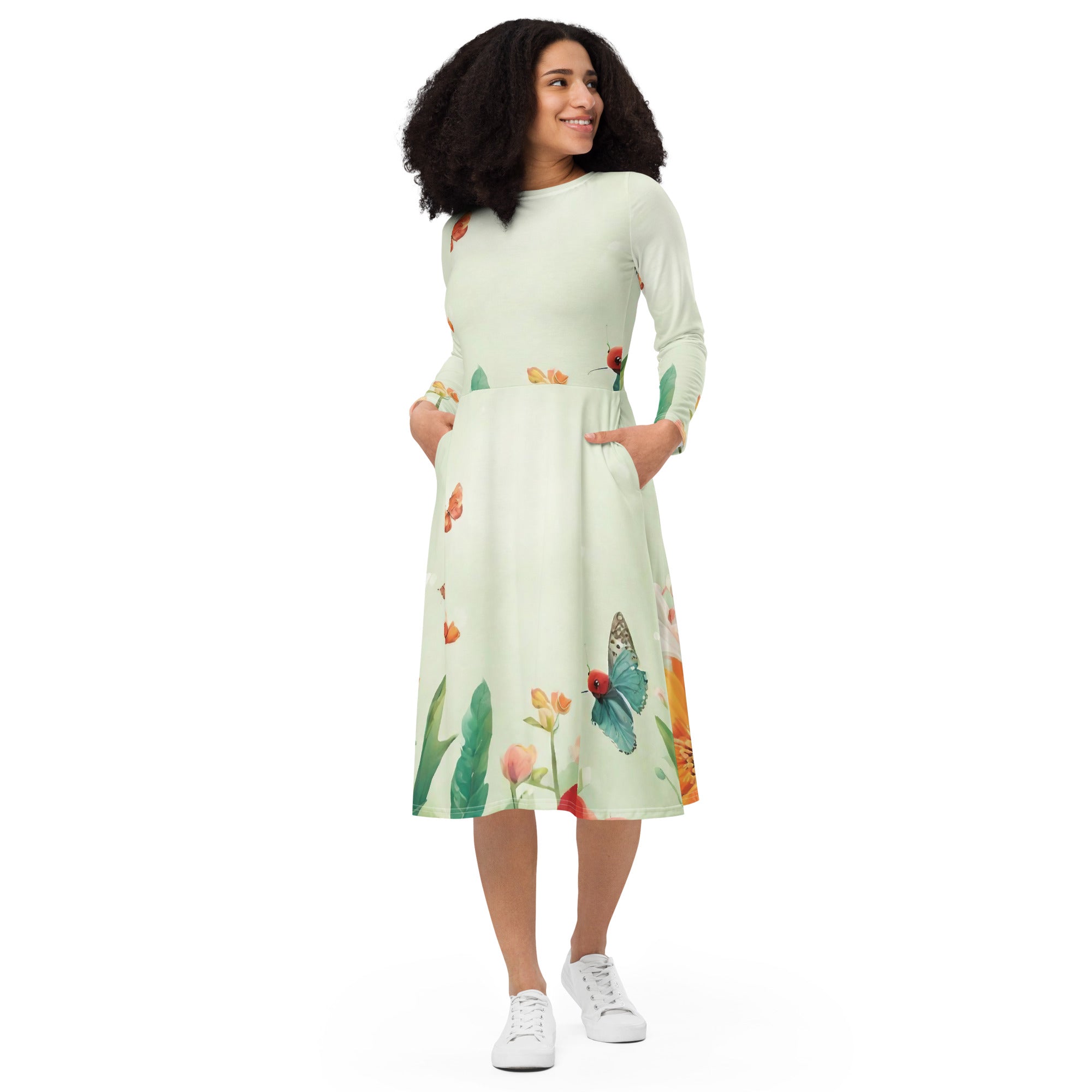 All-over print long sleeve midi dress - WhatUWant2Buy