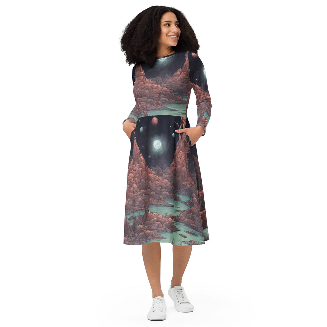 All-over print long sleeve midi dress - WhatUWant2Buy