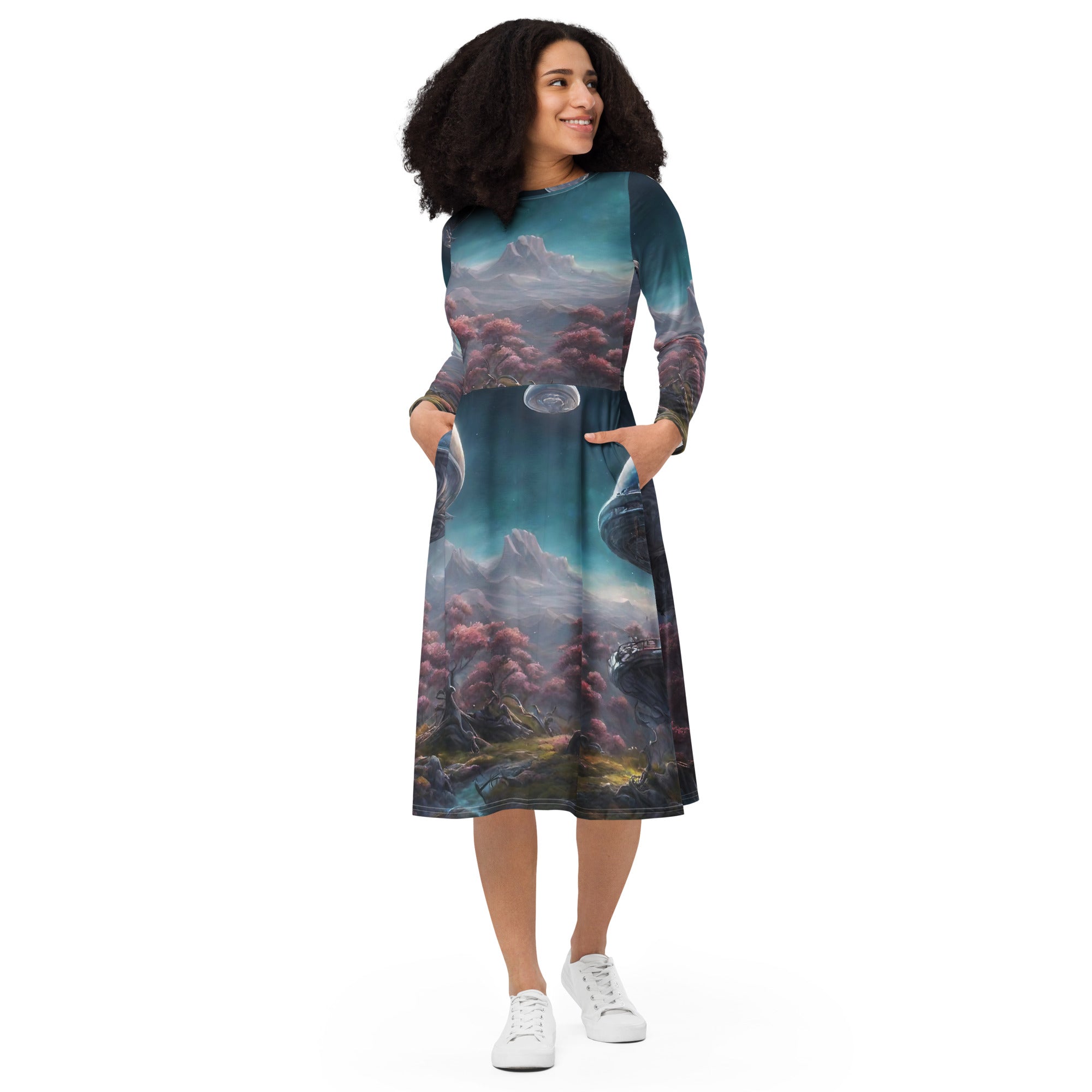 All-over print long sleeve midi dress - WhatUWant2Buy