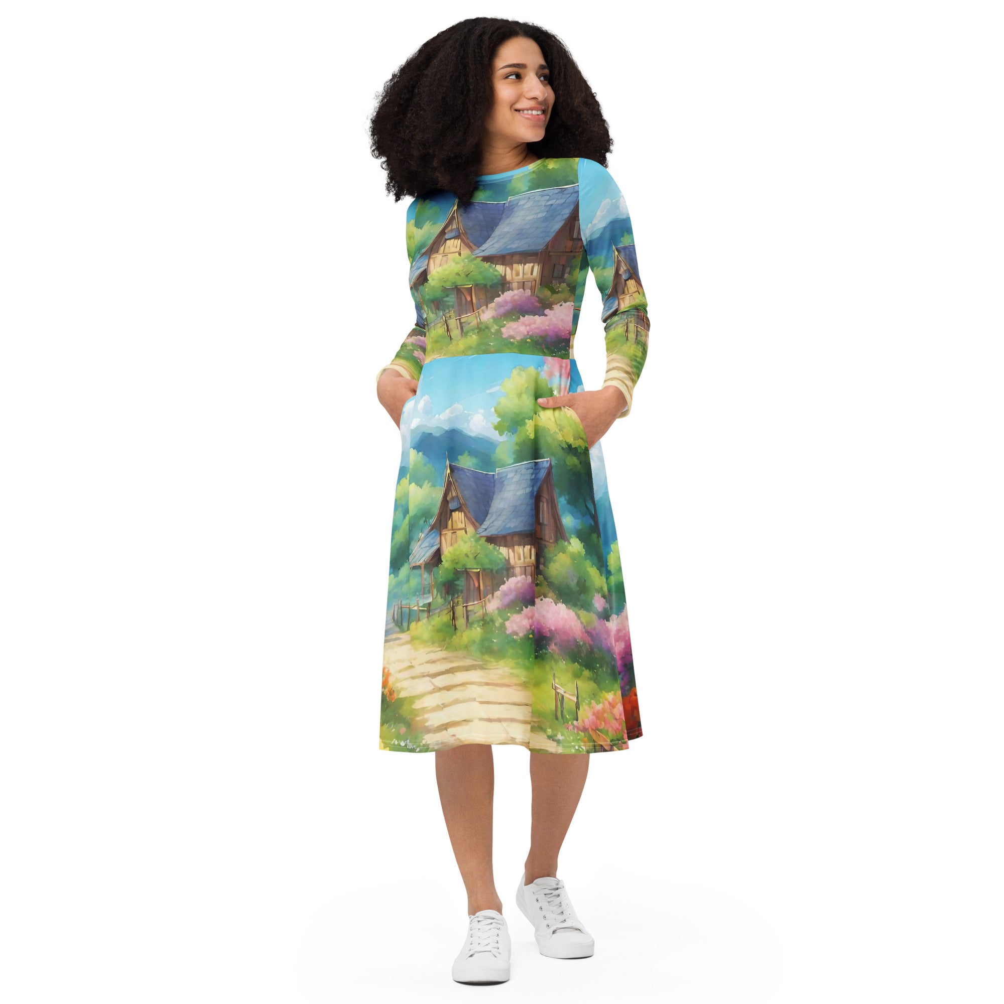 All-over print long sleeve midi dress - WhatUWant2Buy