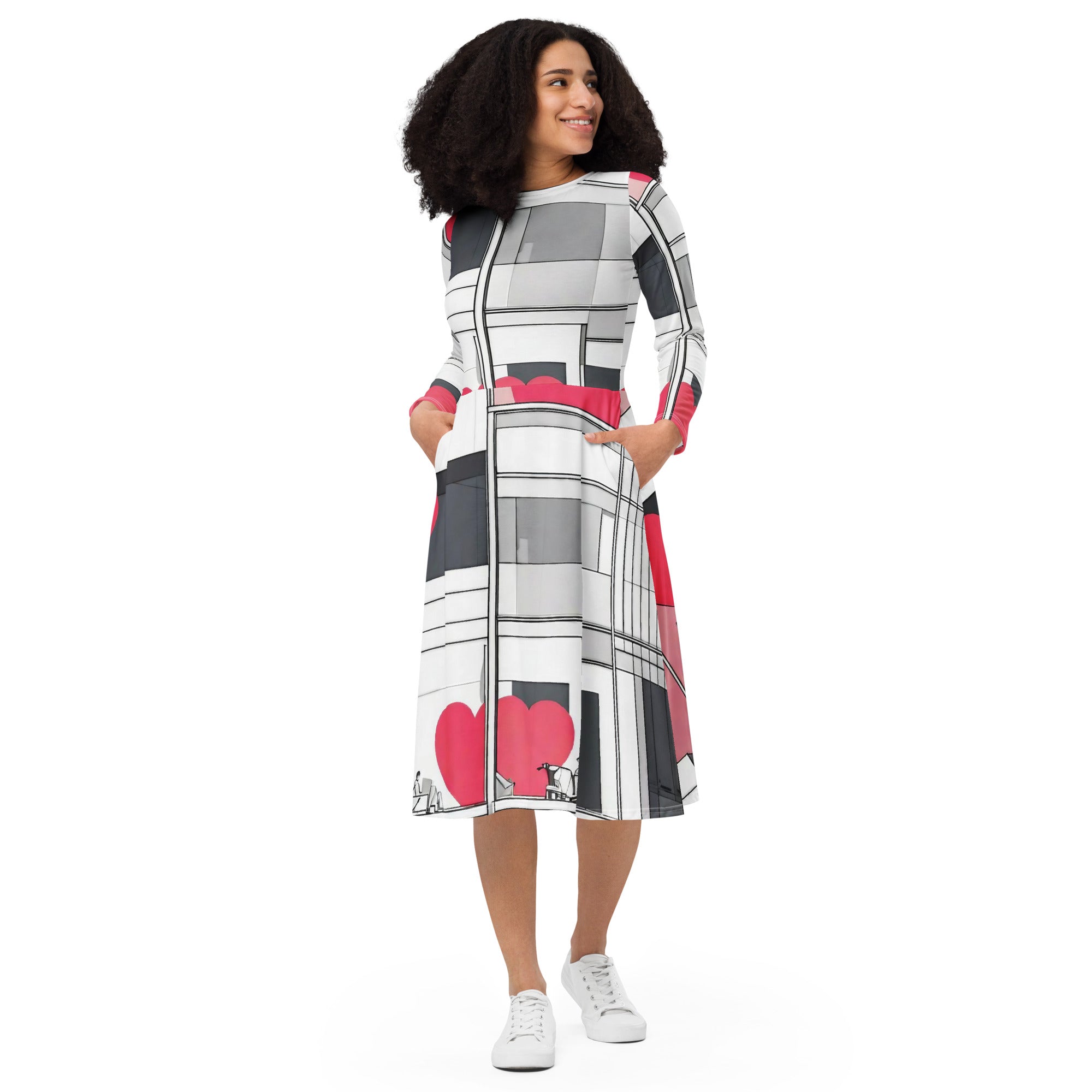 All-over print long sleeve midi dress - WhatUWant2Buy