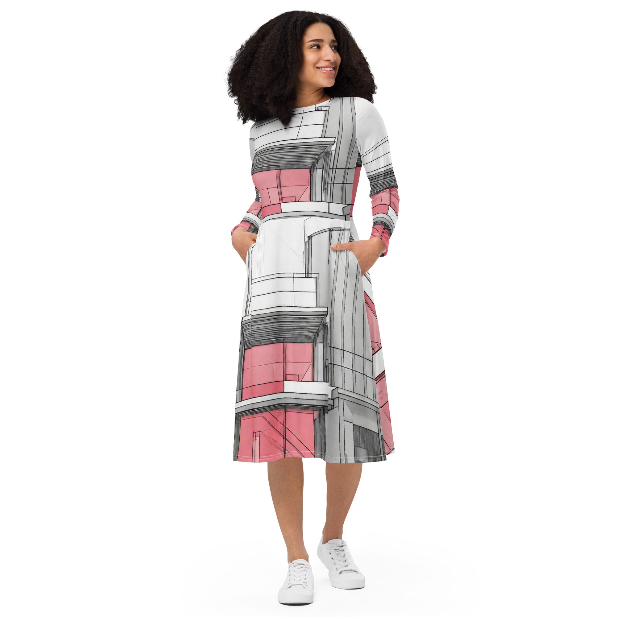 All-over print long sleeve midi dress - WhatUWant2Buy