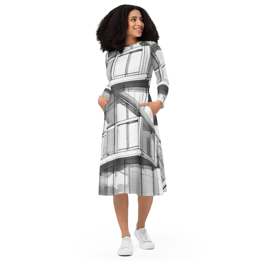 All-over print long sleeve midi dress - WhatUWant2Buy
