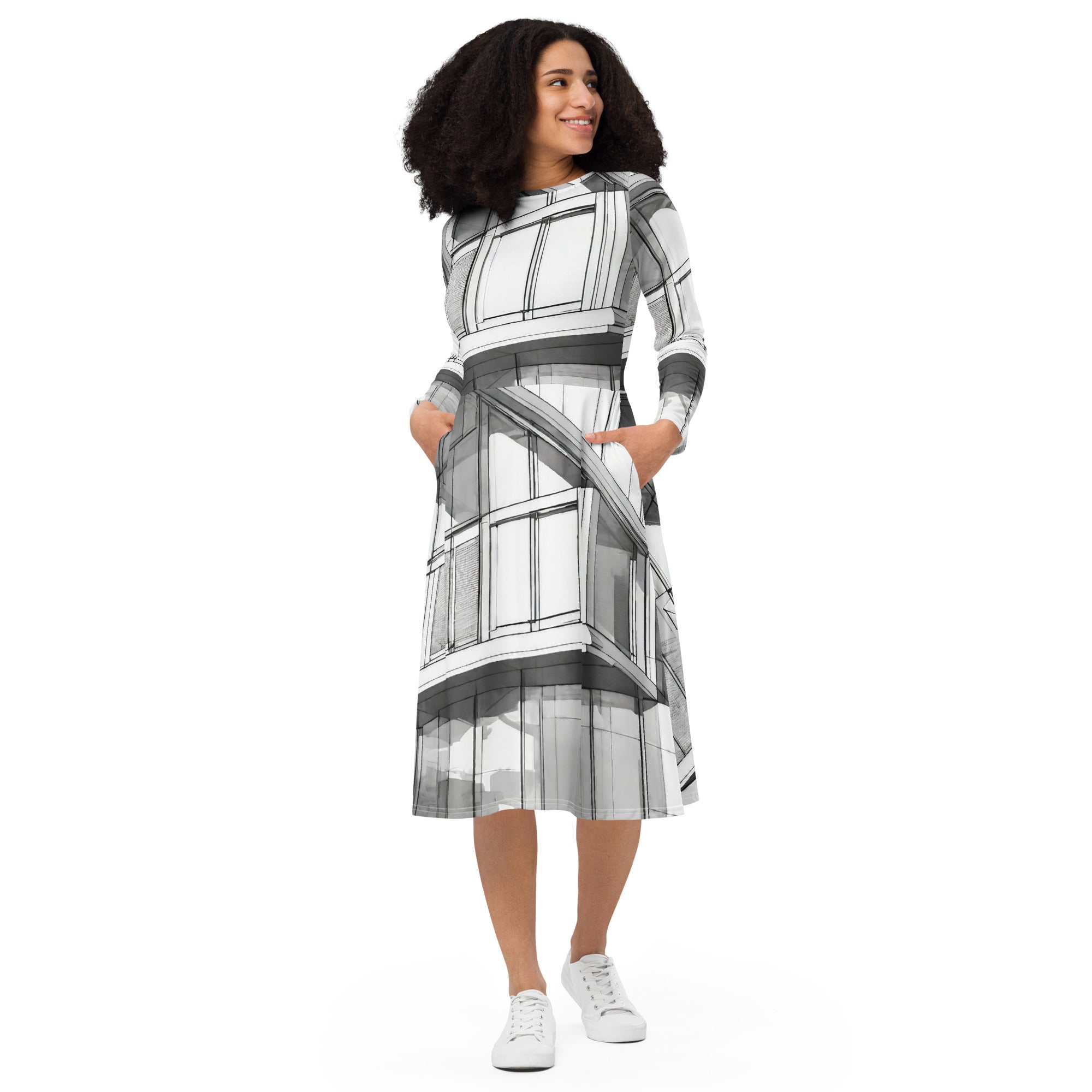 All-over print long sleeve midi dress - WhatUWant2Buy