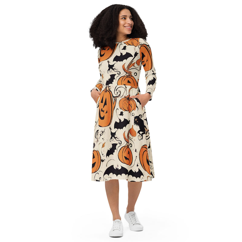 All-over print long sleeve midi dress - WhatUWant2Buy