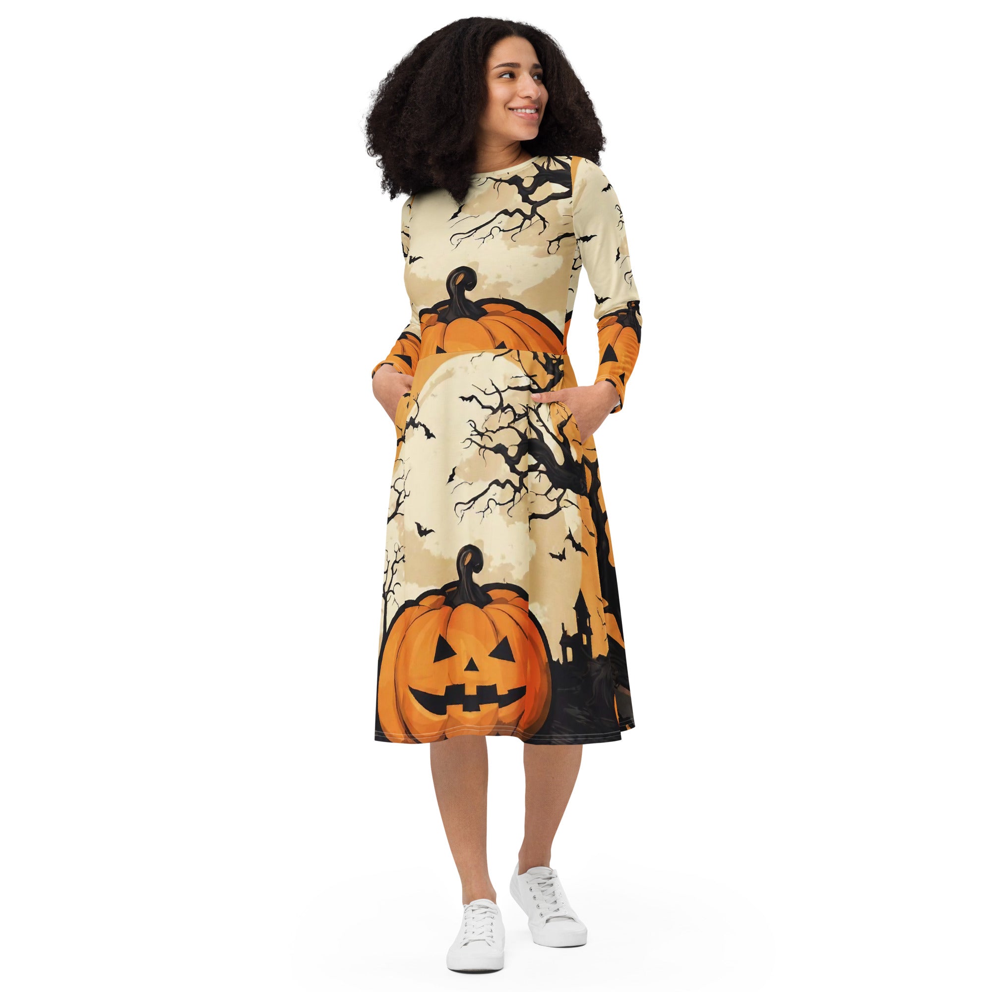 All-over print long sleeve midi dress - WhatUWant2Buy