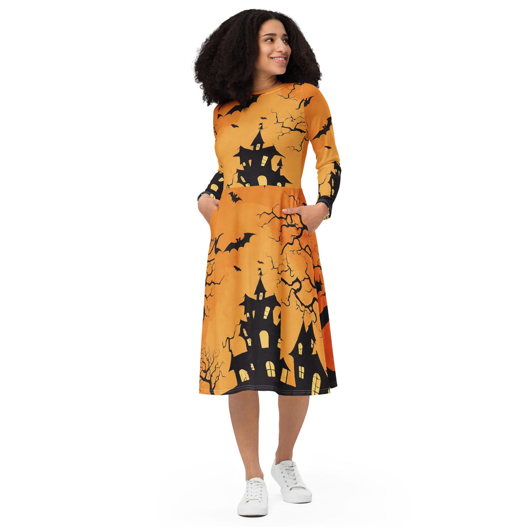 All-over print long sleeve midi dress - WhatUWant2Buy