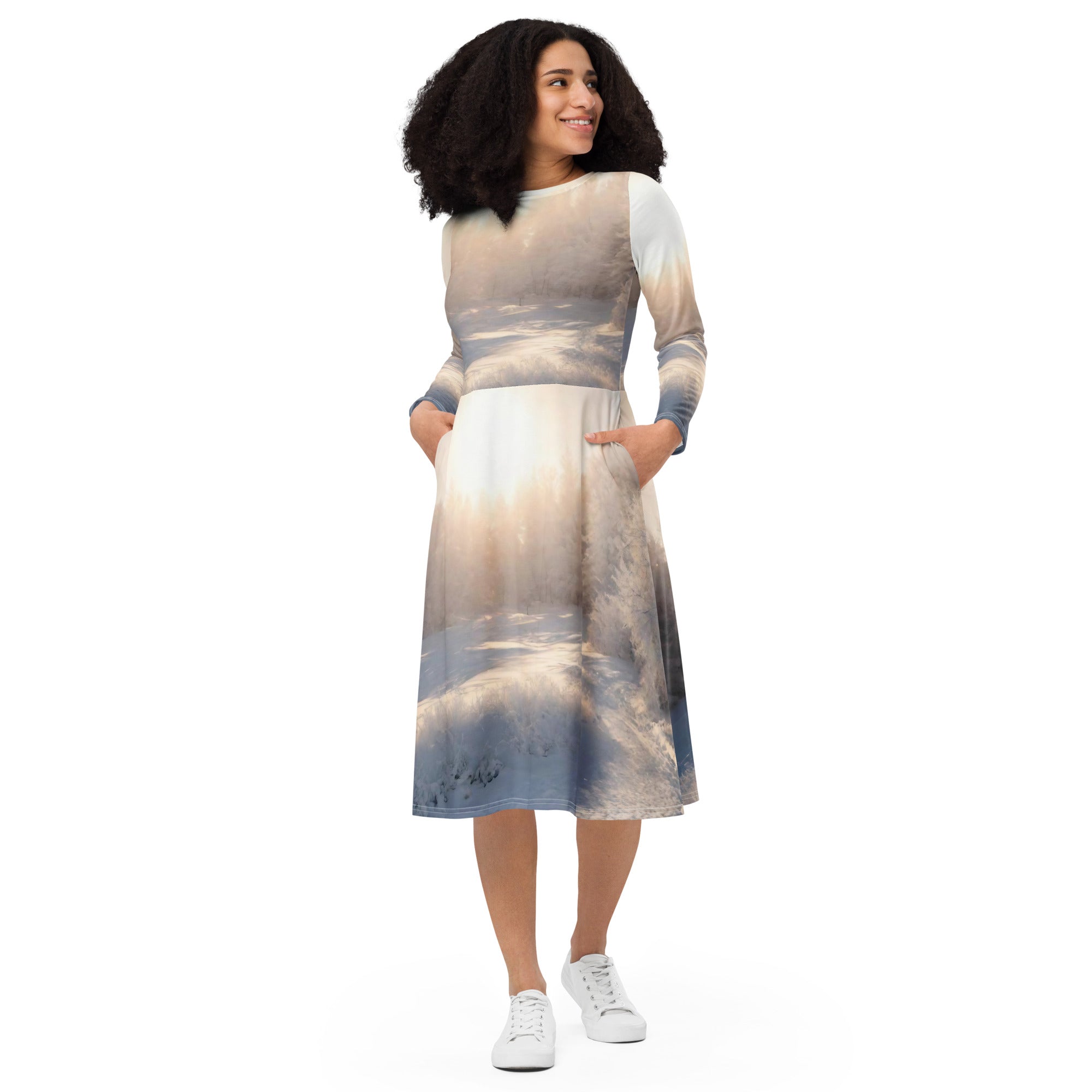 All-over print long sleeve midi dress - WhatUWant2Buy