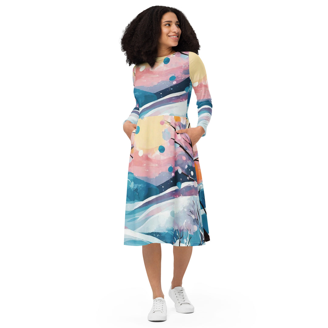All-over print long sleeve midi dress - WhatUWant2Buy