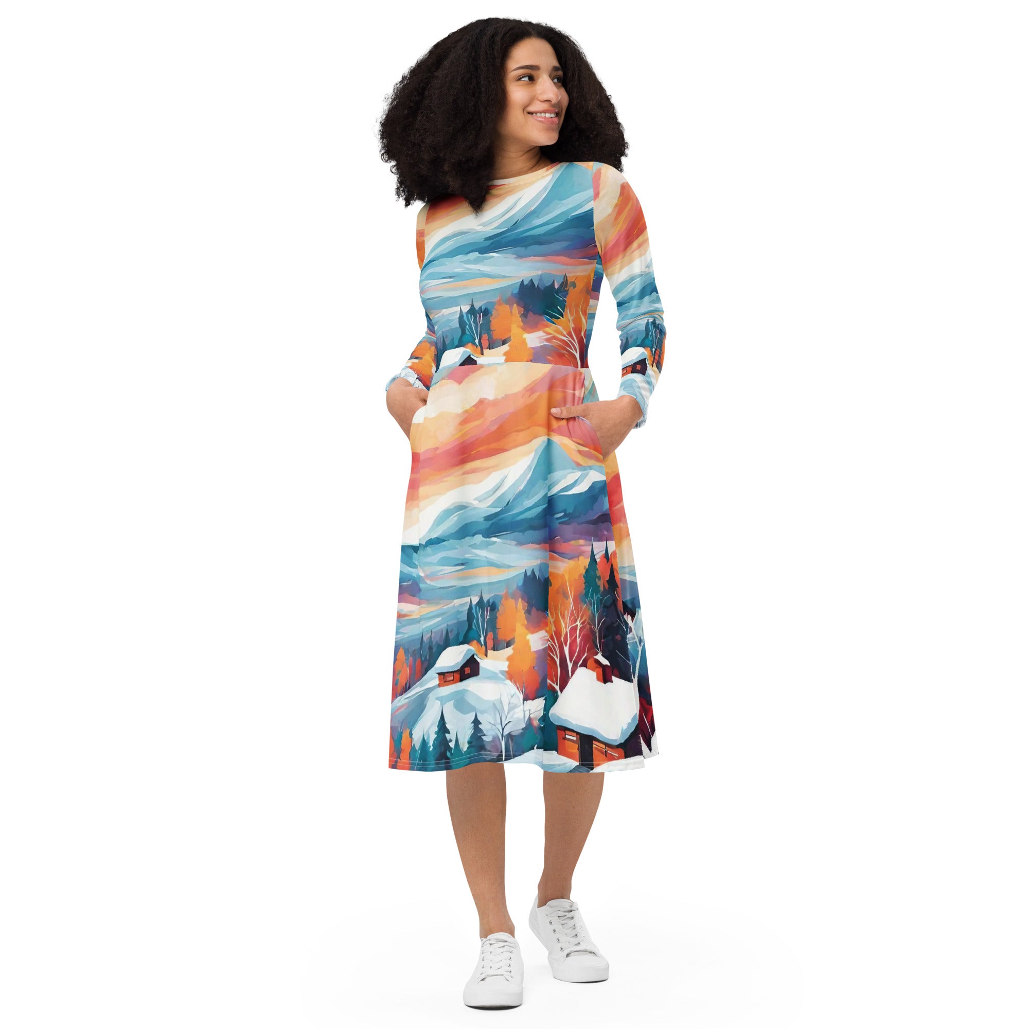All-over print long sleeve midi dress - WhatUWant2Buy