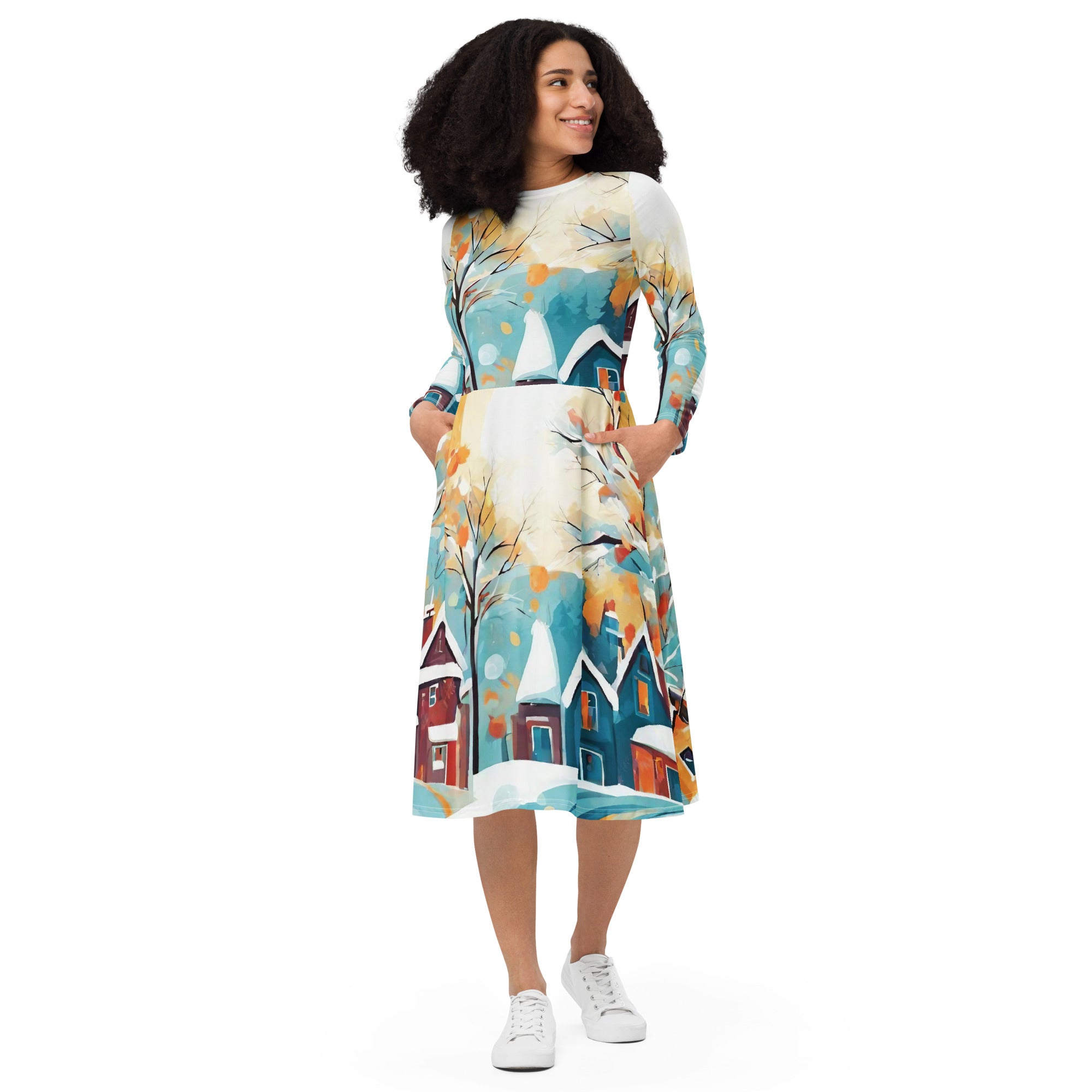 All-over print long sleeve midi dress - WhatUWant2Buy