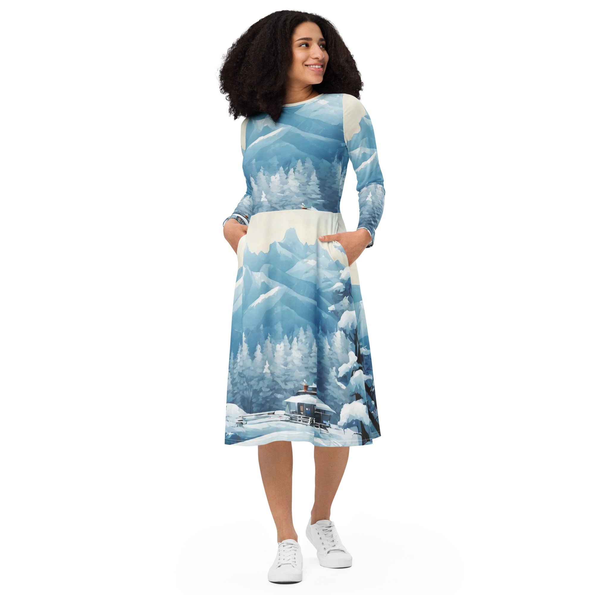 All-over print long sleeve midi dress - WhatUWant2Buy