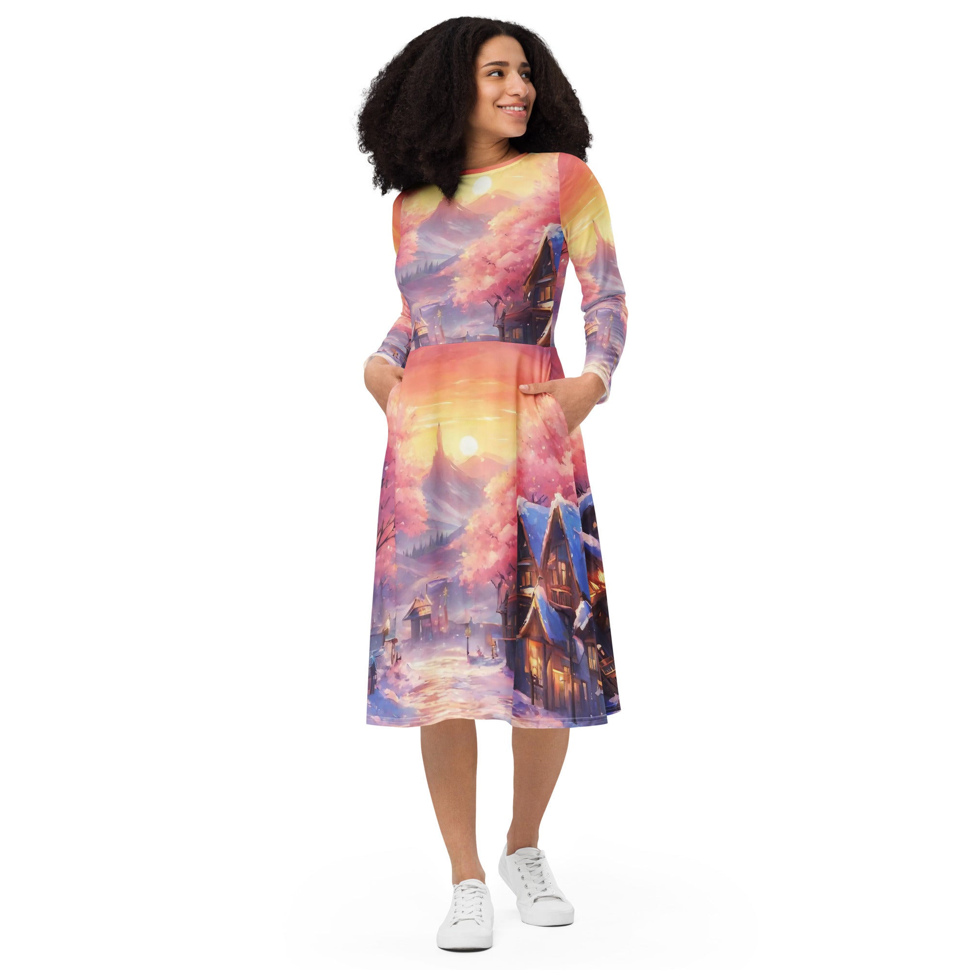All-over print long sleeve midi dress - WhatUWant2Buy