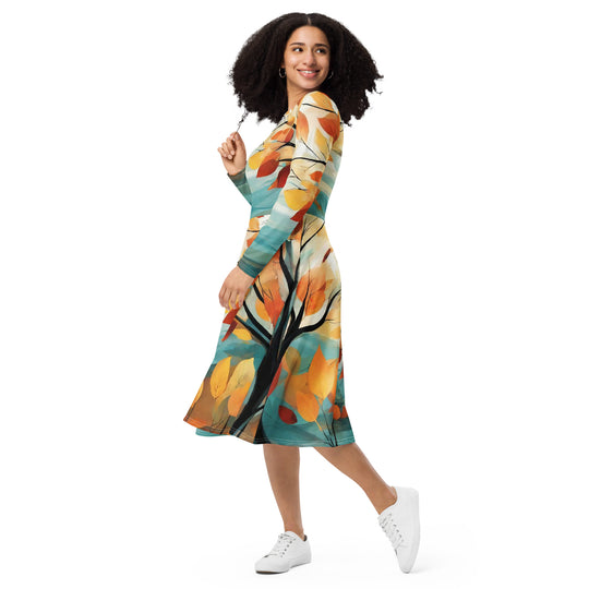 All-over print long sleeve midi dress - WhatUWant2Buy