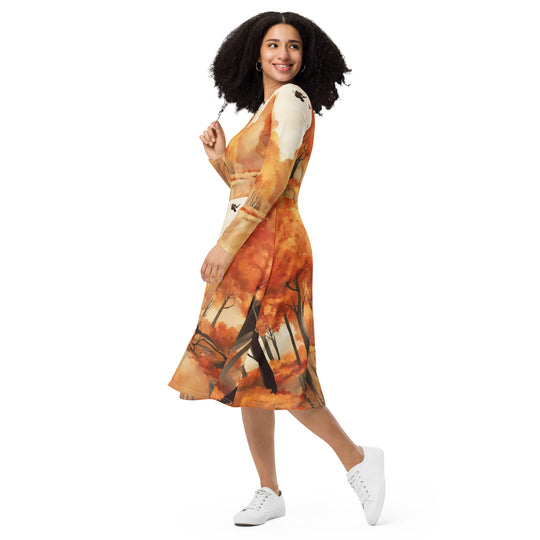 All-over print long sleeve midi dress - WhatUWant2Buy