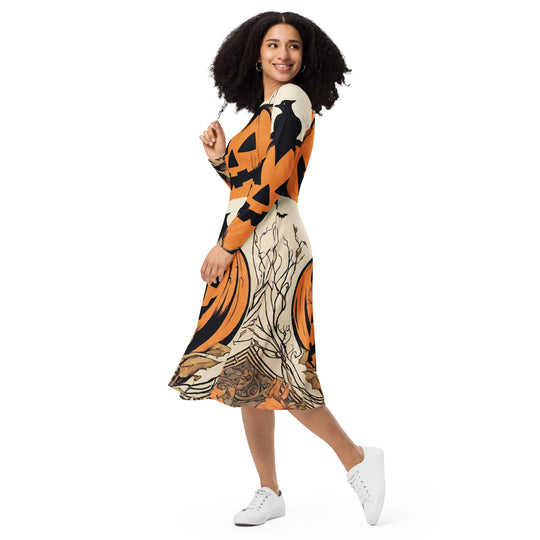 All-over print long sleeve midi dress - WhatUWant2Buy