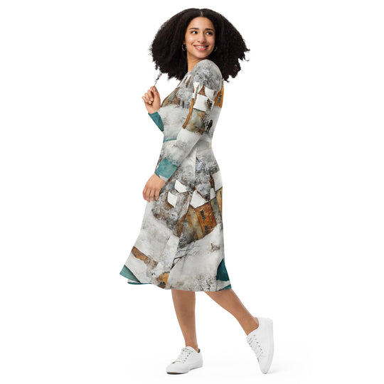 All-over print long sleeve midi dress - WhatUWant2Buy