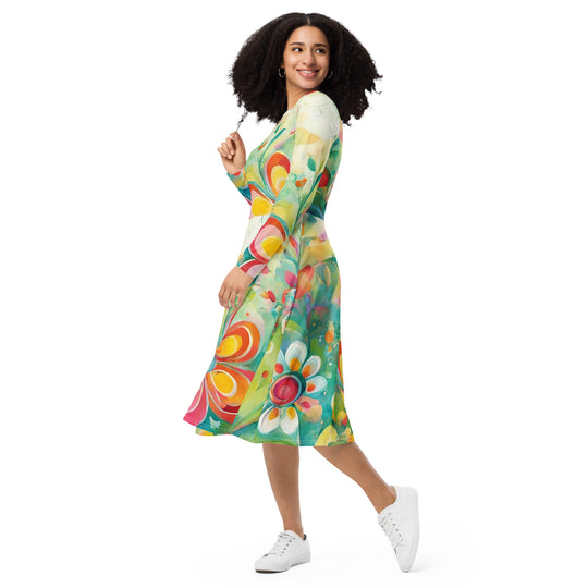 All-over print long sleeve midi dress - WhatUWant2Buy