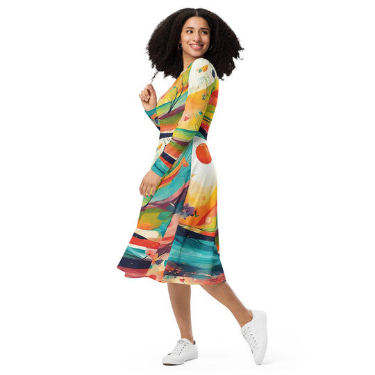 All-over print long sleeve midi dress - WhatUWant2Buy