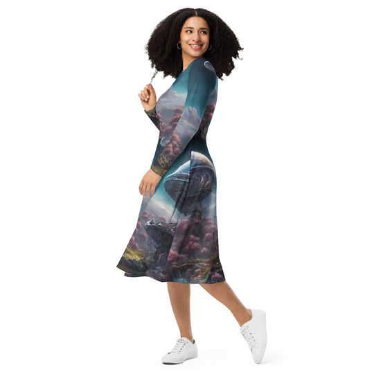 All-over print long sleeve midi dress - WhatUWant2Buy