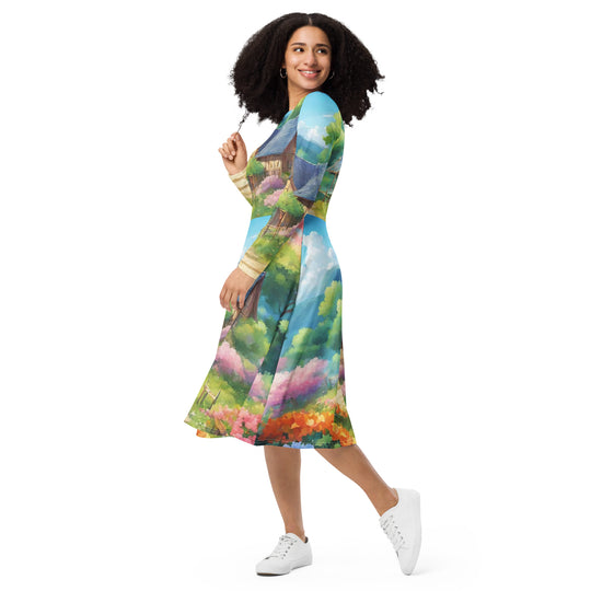 All-over print long sleeve midi dress - WhatUWant2Buy
