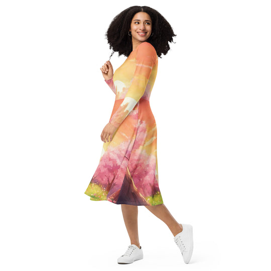 All-over print long sleeve midi dress - WhatUWant2Buy