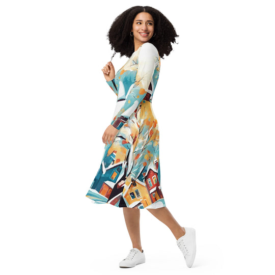 All-over print long sleeve midi dress - WhatUWant2Buy