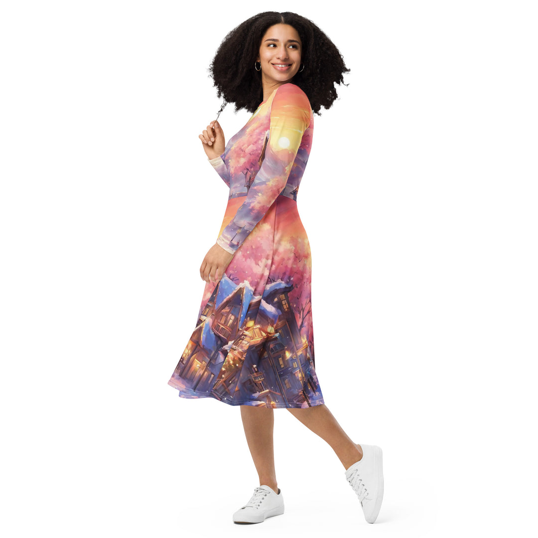 All-over print long sleeve midi dress - WhatUWant2Buy